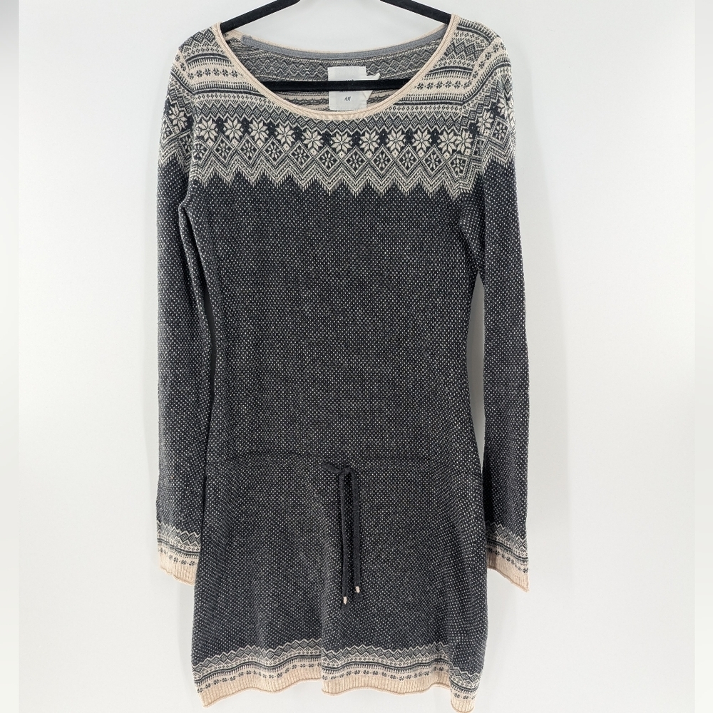 H&M L.O.G.G. Nordic Fair Isle Sweater Dress Charcoal Grey Cream M Hygee Cabin